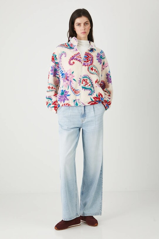 Bluza polarowa damska oversize wzorzysta bez kaptura beżowy RW25.BLD103