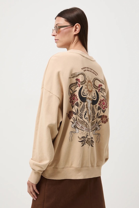 Bluza bawełniana damska z nadrukiem i haftem bawełna beżowy RW25-BLD401