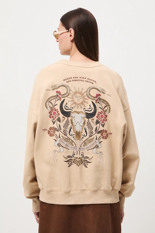 Bluza bawełniana damska z nadrukiem i haftem beżowy RW25-BLD401