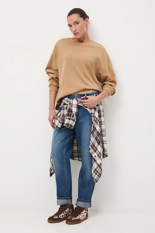 Longsleeve bawełniany damski interlock gładkie beżowy RW25-BUD040