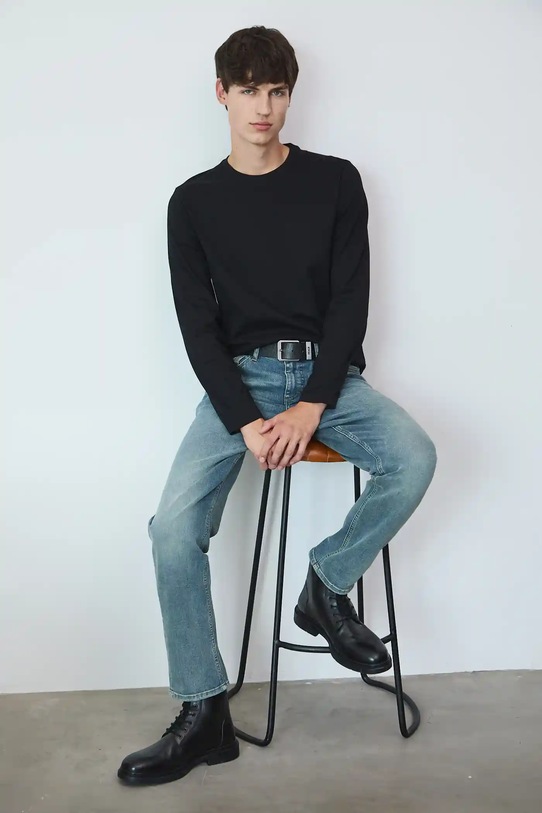 Longsleeve bawełniany męski z elastanem gładki gładkie czarny RW25-BUM041
