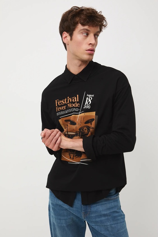 Longsleeve bawełniany męski z nadrukiem okrągły czarny RW25-BUM600