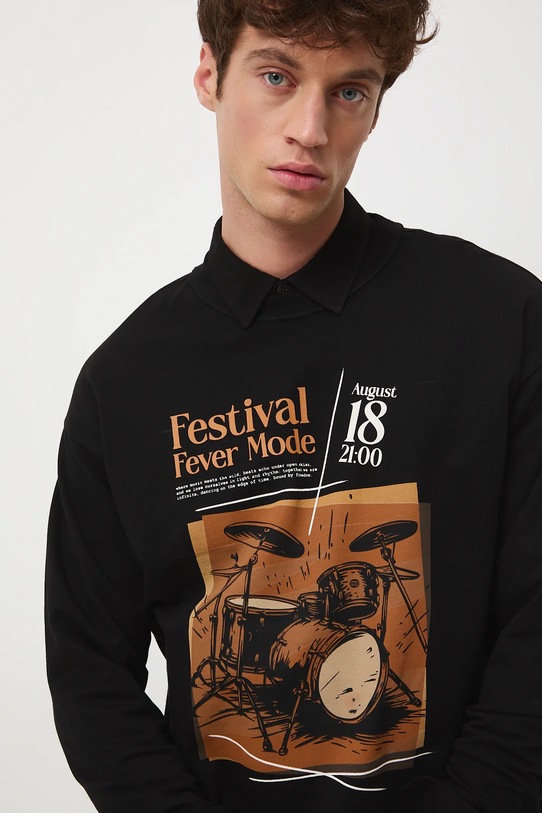 Longsleeve bawełniany męski z nadrukiem czarny RW25-BUM600