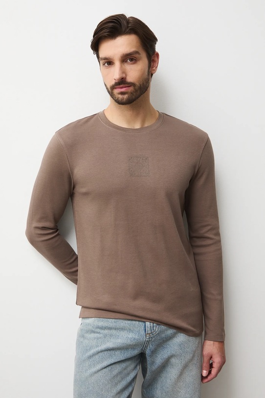 Longsleeve męski interlock z nadrukiem okrągły brązowy RW25-BUMB01