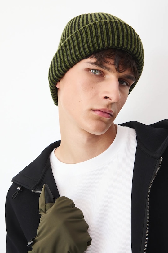 Czapka męska beanie z domieszką wełny i kaszmiru RW25-CDM704 zielony