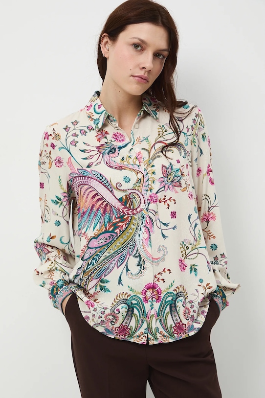 Koszula damska żakardowa z wiskozy wzorzysta casual beżowy RW25-KDDC00