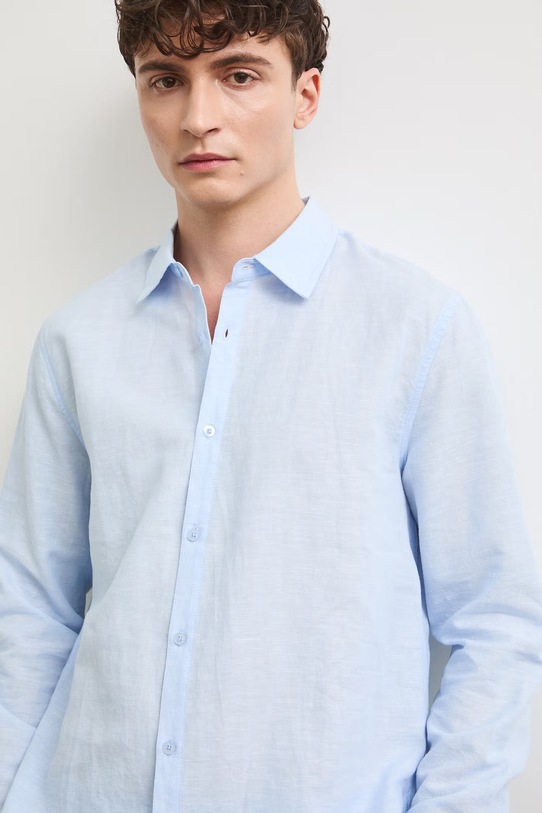 Koszula z lnem męska z kołnierzykiem klasycznym gładka niebieski RW25-KDM011