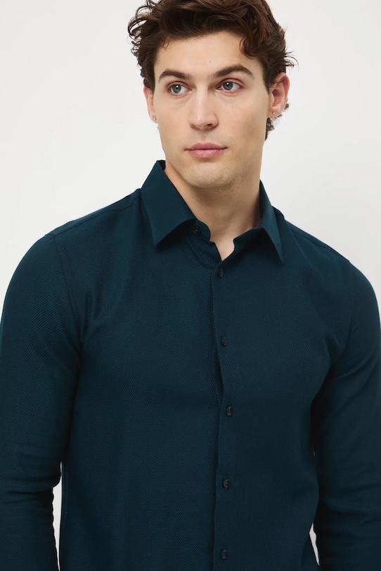 Koszula męska z usztywnianym kołnierzykiem turkusowy RW25-KDM092
