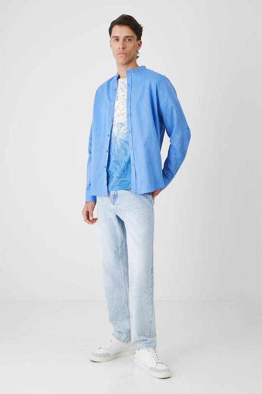 Koszula z lnem męska ze stójką RW25-KDM100 niebieski RS26