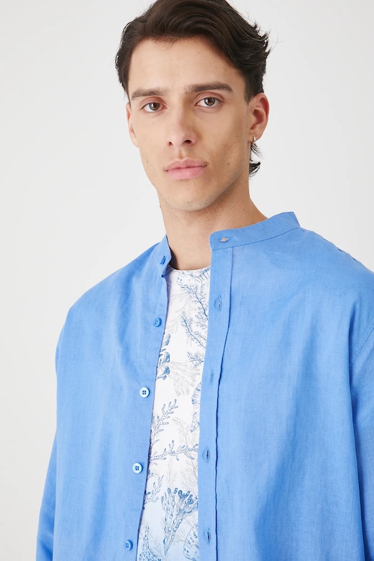 Koszula z lnem męska ze stójką niebieski RW25-KDM100