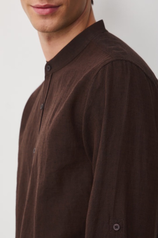 Koszula z lnem męska ze stójką RW25-KDM100 brązowy