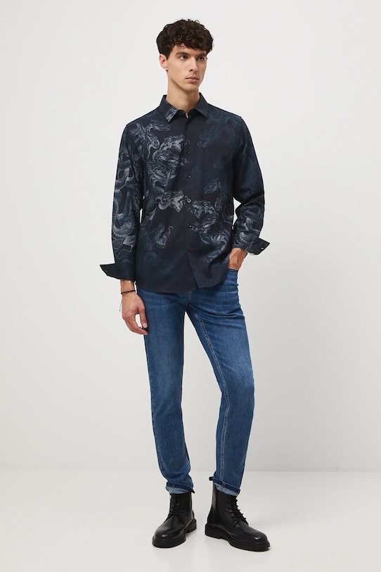 Koszula męska z kołnierzykiem klasycznym wzorzysta wzorzyste granatowy RW25-KDM300