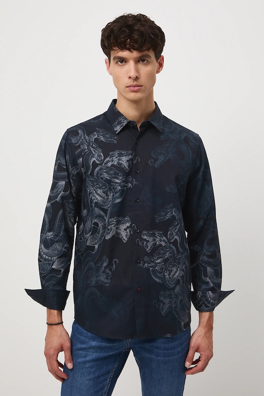 Odzież Koszula męska z kołnierzykiem klasycznym wzorzysta RW25-KDM300 granatowy