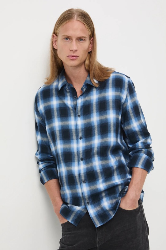 Koszula męska z kołnierzykiem klasycznym w kratę wzorzyste granatowy RW25-KDM804
