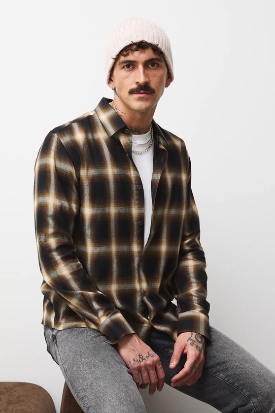 Koszula męska z kołnierzykiem klasycznym w kratę RW25-KDM804 brązowy RW25