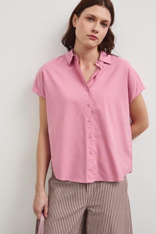 Odzież Koszula z domieszką lnu damska gładka RW25-KKD102 różowy