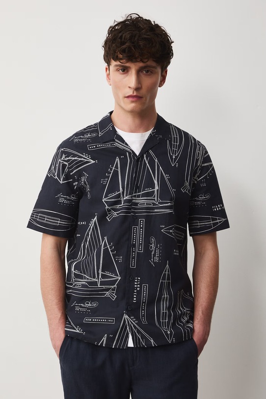 Lněná košile pánská s límečkem typu resort se vzorem len námořnická modř RW25-KKM102