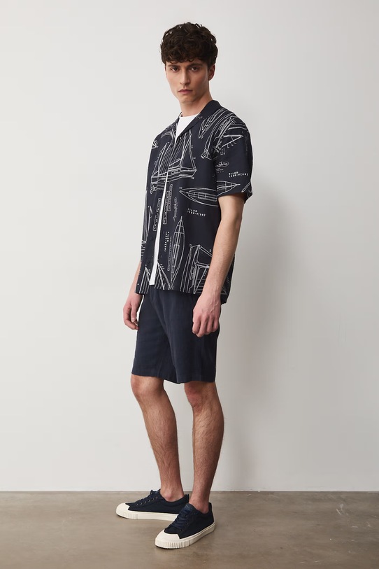 Lněná košile pánská s límečkem typu resort se vzorem RW25-KKM102 námořnická modř RS26