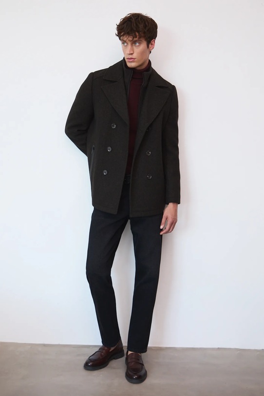 Płaszcz wełniany męski melanżowy z podszewką brązowy RW25-KPM700