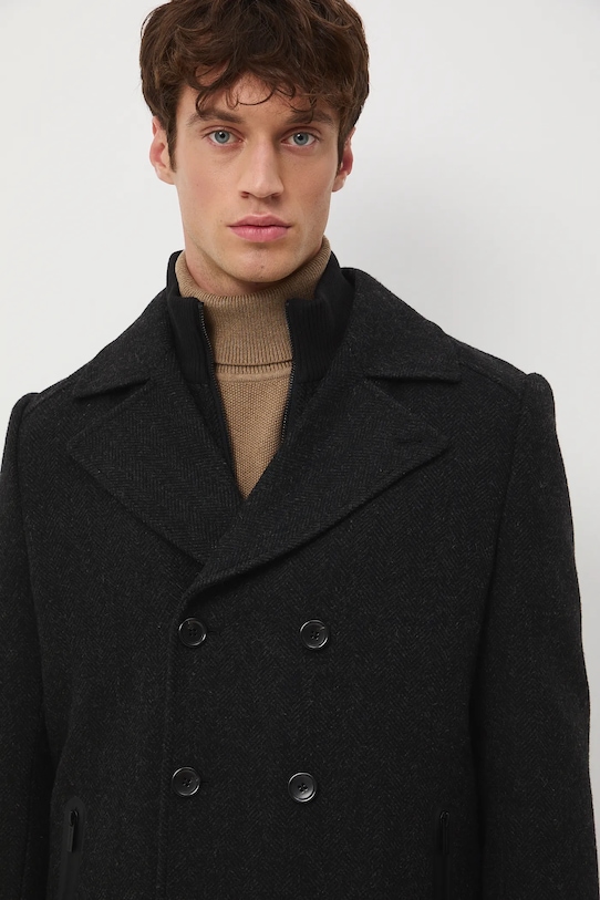 Płaszcz wełniany męski melanżowy czarny RW25-KPM700