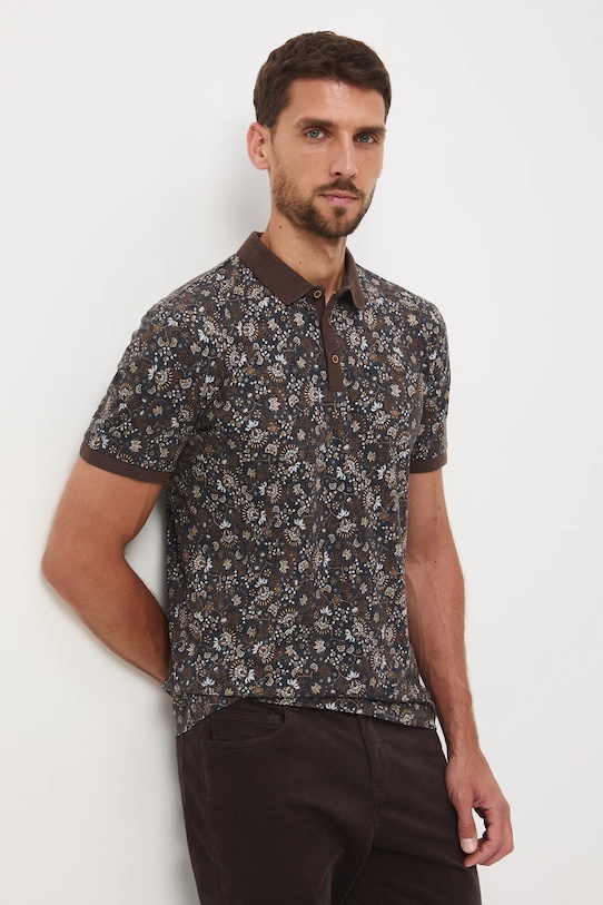 Polo bawełniane męskie z elastanem wzorzyste z elastanem brązowy RW25-POM901