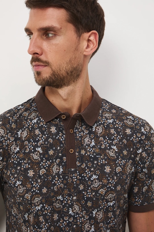 Polo bawełniane męskie z elastanem wzorzyste brązowy RW25-POM901