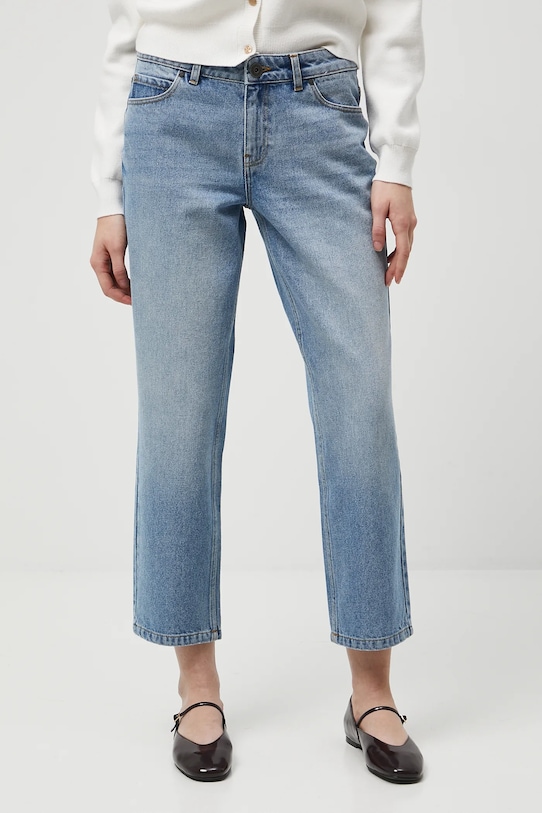 Jeansy bawełniane damskie boyfriend z efektem sprania niebieski RW25-SJD010