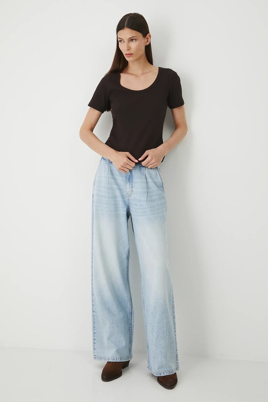 Jeansy bawełniane damskie wide leg z efektem sprania RW25-SJD200 niebieski RW25