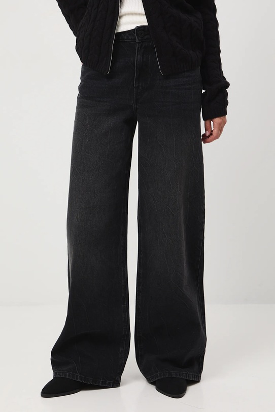 Jeansy bawełniane damskie wide leg z efektem sprania czarny RW25-SJD509