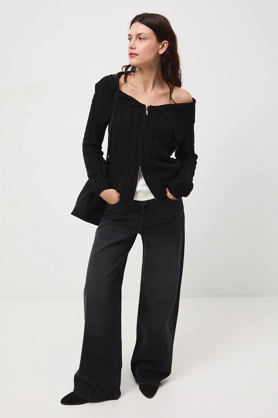 Jeansy bawełniane damskie wide leg z efektem sprania RW25-SJD509 czarny RW25