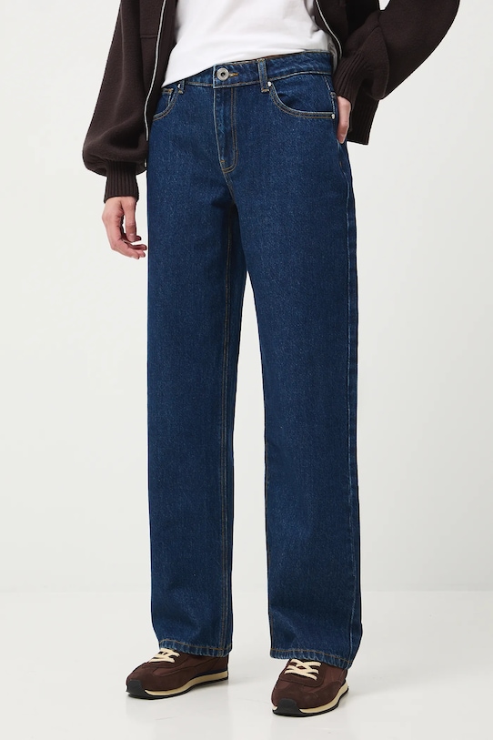 Jeansy bawełniane damskie straight z efektem sprania granatowy RW25-SJD702