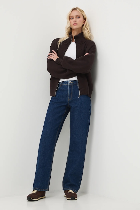 Jeansy bawełniane damskie straight z efektem sprania RW25-SJD702 granatowy RW25