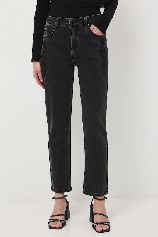 Jeansy damskie slim z ozdobnym haftem RW25-SJDA00 czarny RW25
