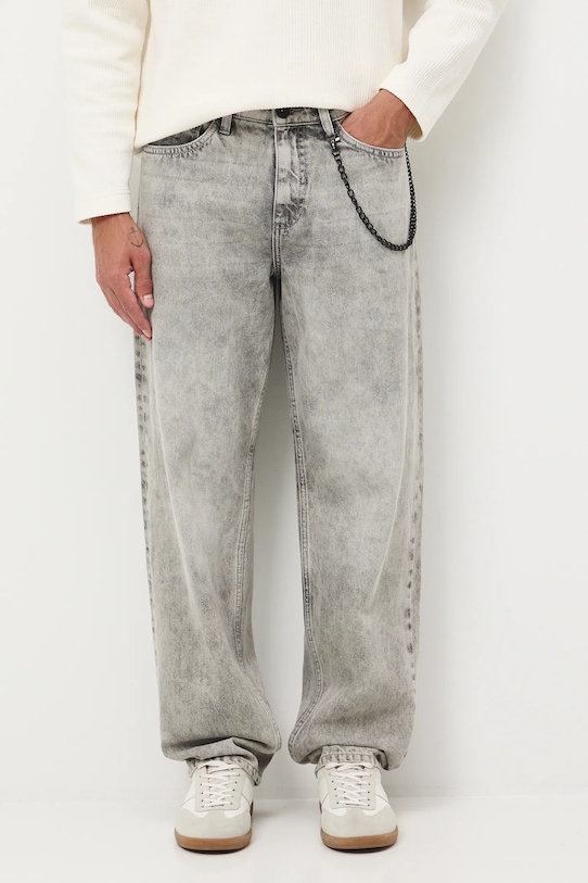 Jeansy bawełniane męskie loose z efektem sprania szary RW25-SJM306