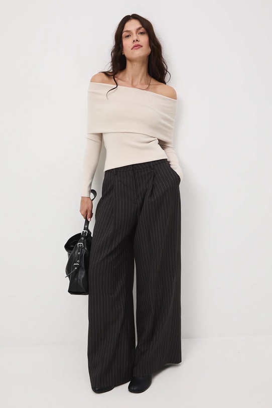 Spodnie z domieszką wełny damskie wide leg szary RW25-SPD500