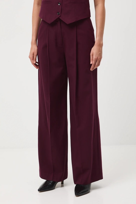 Spodnie z domieszką wełny damskie wide leg z domieszką wełny bordowy RW25-SPD500