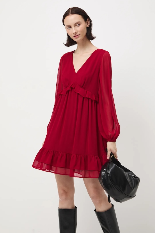 Sukienka damska mini z falbanami rozkloszowany czerwony RW25-SUD093