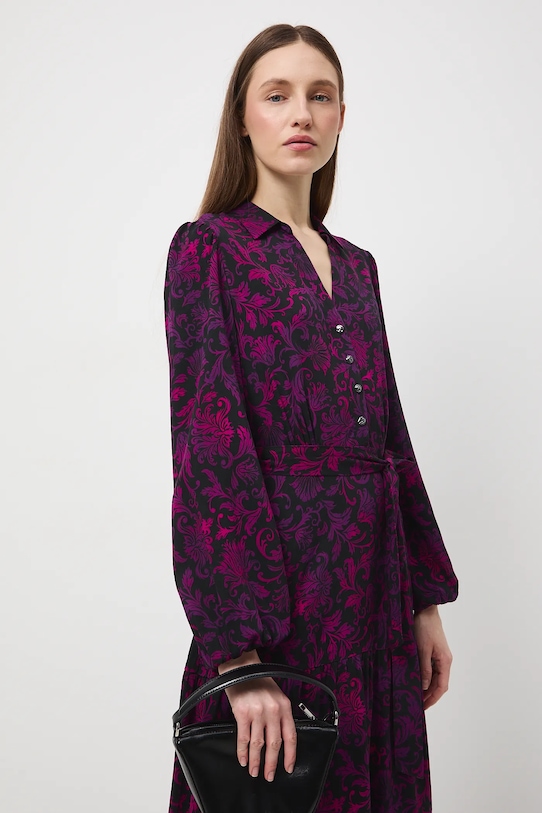 Sukienka damska midi z paskiem wzorzysta czarny RW25-SUD0B1