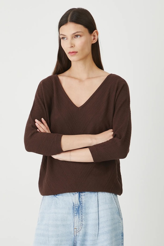 Sweter damski ażurowy z wiskozą brązowy RW25-SWD020