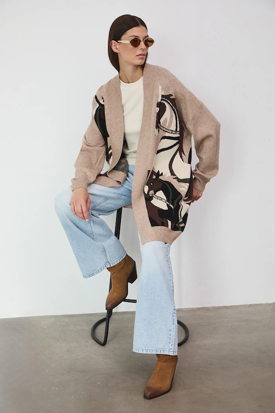 Kardigan damski żakardowy wzorzysty pozostałe multicolor RW25-SWD400