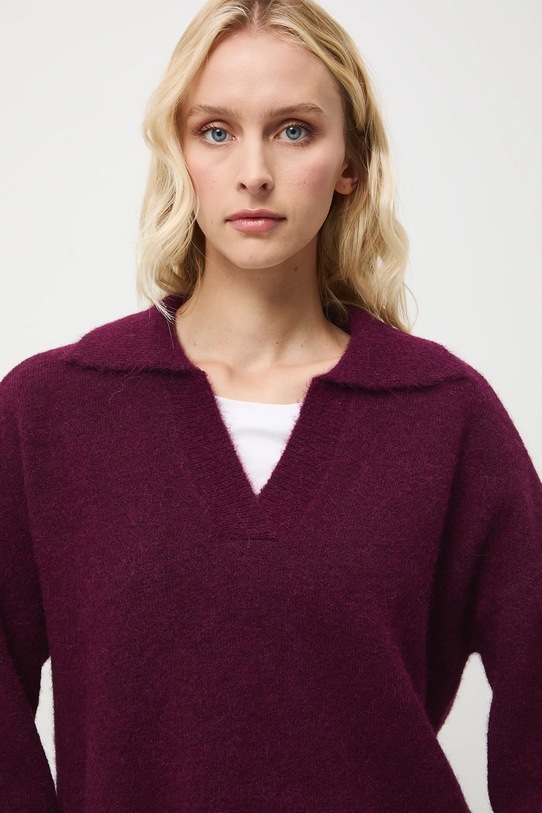 Sweter z wełną alpaki damski z kołnierzykiem bordowy RW25-SWD700