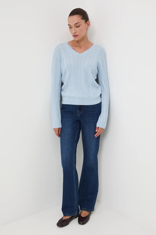 Sweter z wełny merino damski z warkoczowym splotem RW25-SWD813 niebieski RW25