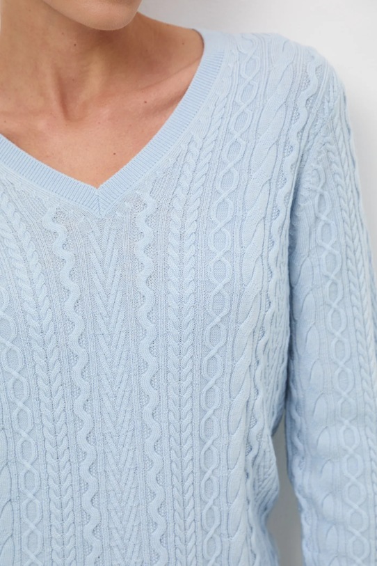 Sweter z wełny merino damski z warkoczowym splotem RW25-SWD813 niebieski