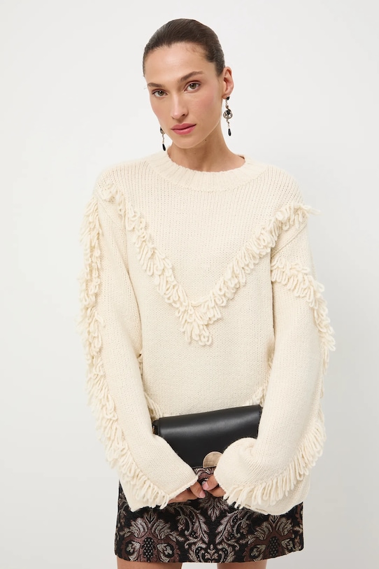 Sweter damski z ozdobnymi frędzlami pozostałe beżowy RW25-SWD815
