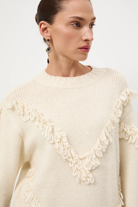 Sweter damski z ozdobnymi frędzlami beżowy RW25-SWD815