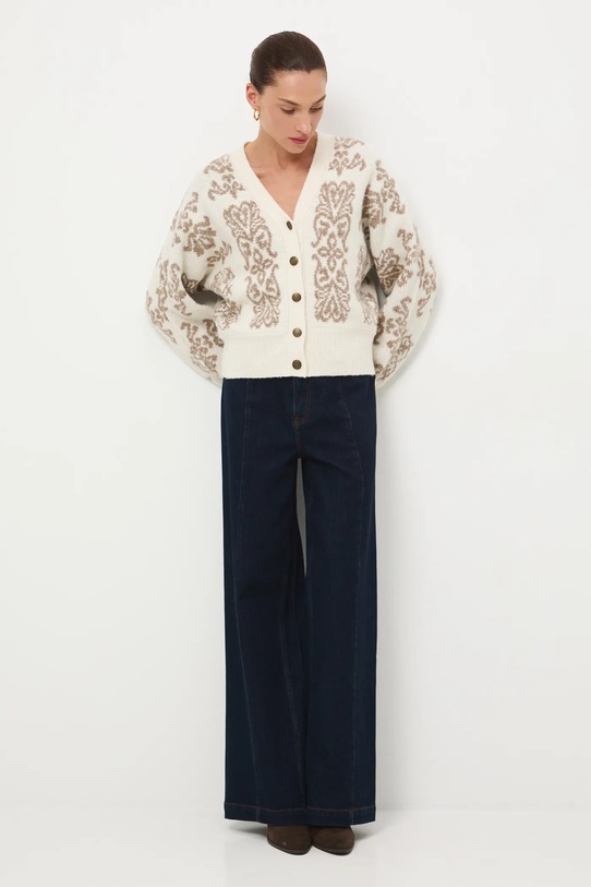 Kardigan z domieszką wełny damski wzorzysty gruba beżowy RW25-SWD818