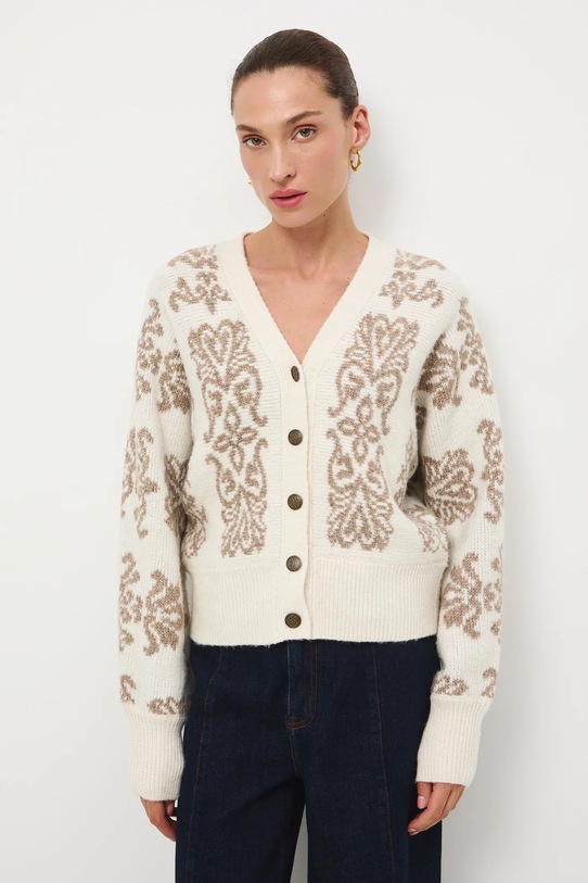 Kardigan z domieszką wełny damski wzorzysty RW25-SWD818 beżowy RW25