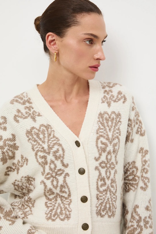 Kardigan z domieszką wełny damski wzorzysty beżowy RW25-SWD818