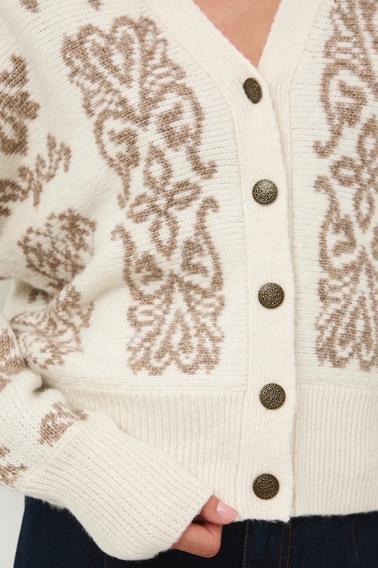 Kardigan z domieszką wełny damski wzorzysty RW25-SWD818 beżowy