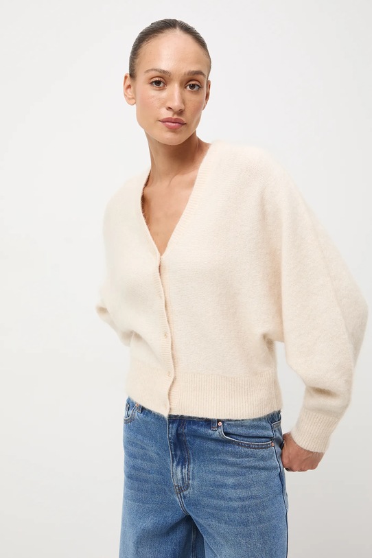 Kardigan damski z domieszką moheru i wełny beżowy RW25-SWD819